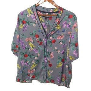 Room Service PJ Top Gray Floral Print Large New